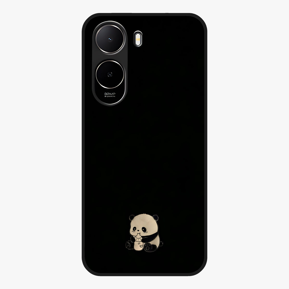 Midnight Panda Love Glass Case showing flat back view with cute panda themed artwork and glossy glass finish.