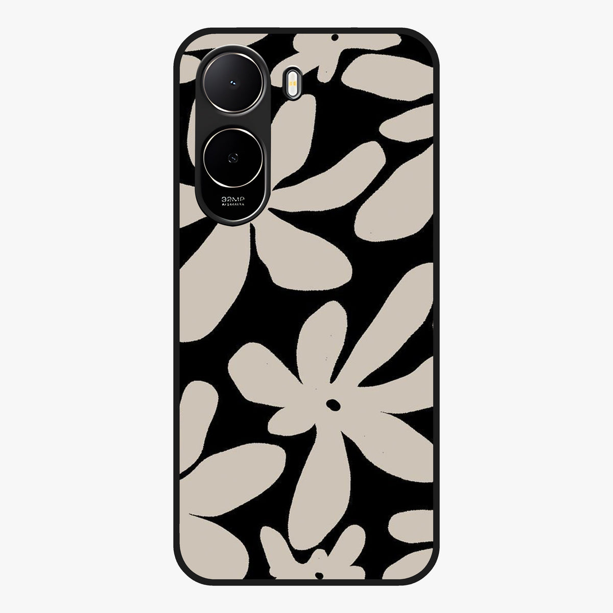 Monochrome Petal Dance Glass Case showing flat back view with monochrome floral artwork and glossy glass finish.
