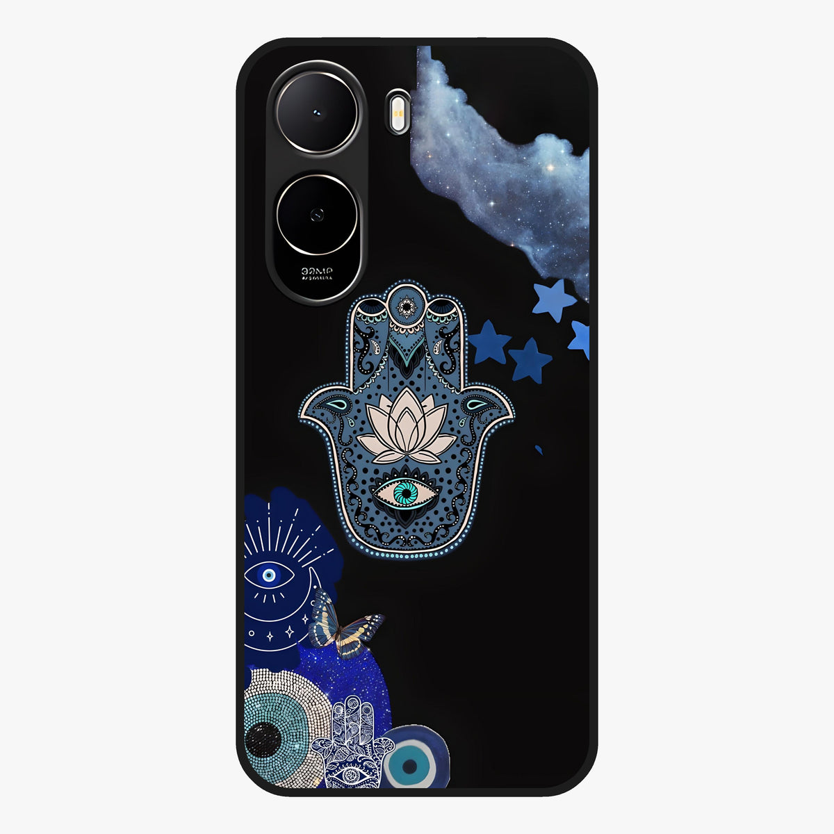 Mystic Hand Aura Glass Case showing flat back view with mystical hand symbol artwork and glossy glass finish.