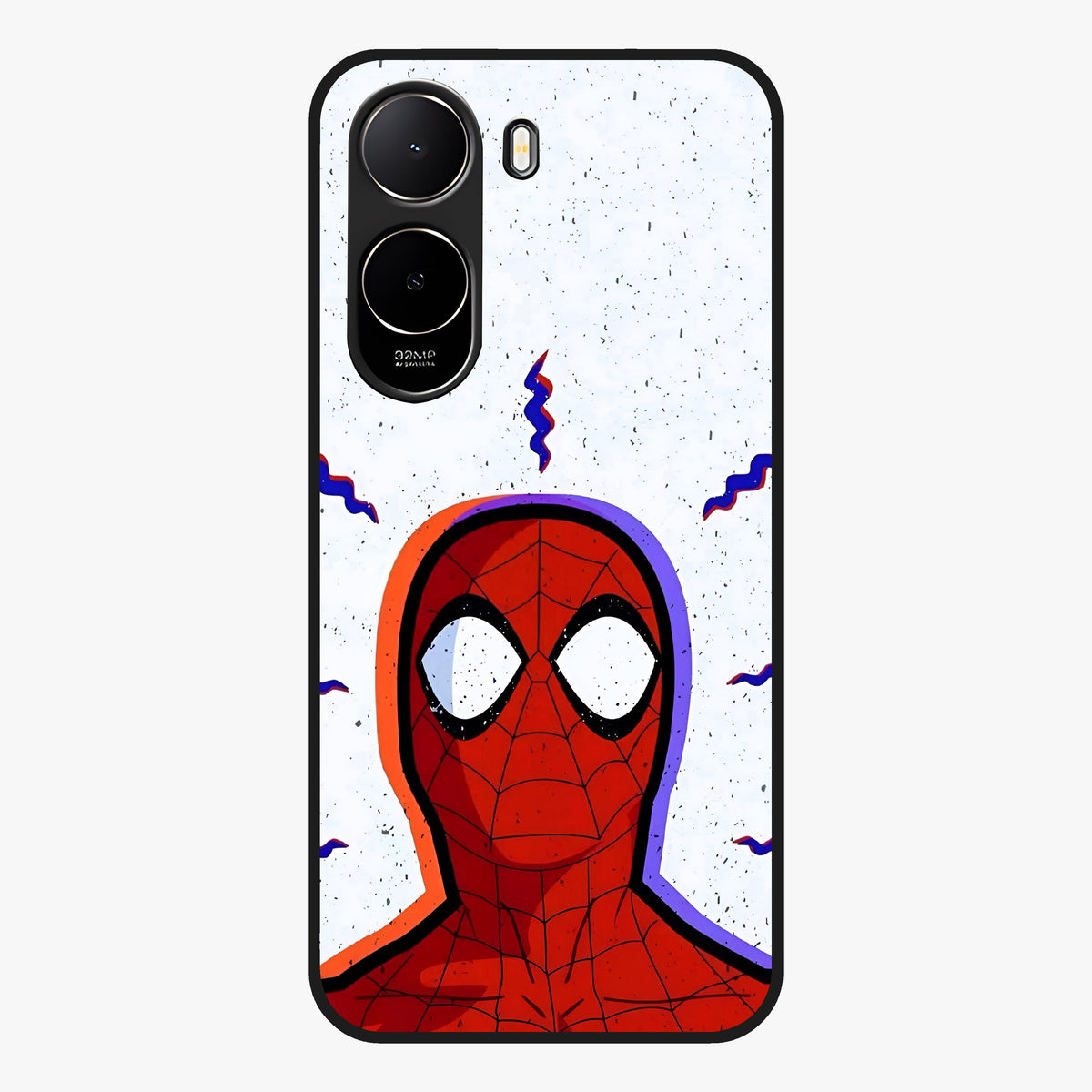 Omg Spiderman Glass Case showing flat back view with bold superhero inspired artwork and glossy glass finish.