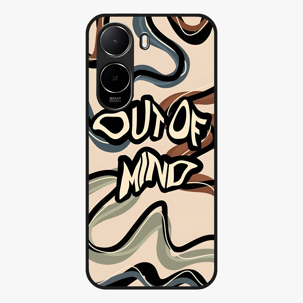 Out Of Mind Glass Case showing flat back view with expressive typography artwork and glossy glass finish.