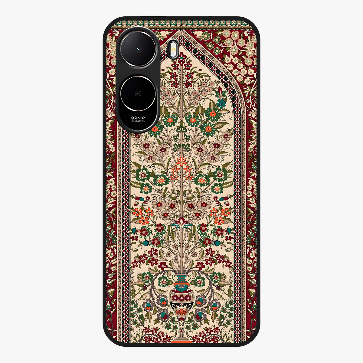 Persian Inspired Glass Case showing flat back view with ornate Persian style pattern artwork and glossy glass finish.