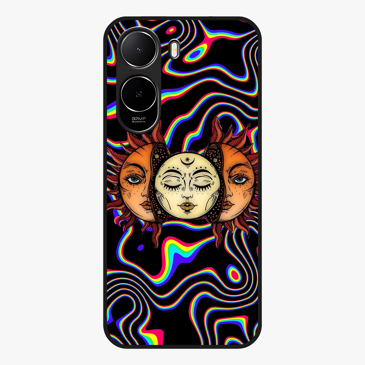 Psychedelic Sun Glass Case showing flat back view with colorful psychedelic sun artwork and glossy glass finish.