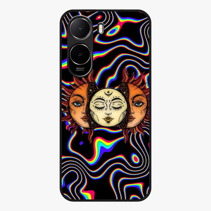 Psychedelic Sun Glass Case showing flat back view with colorful psychedelic sun artwork and glossy glass finish.