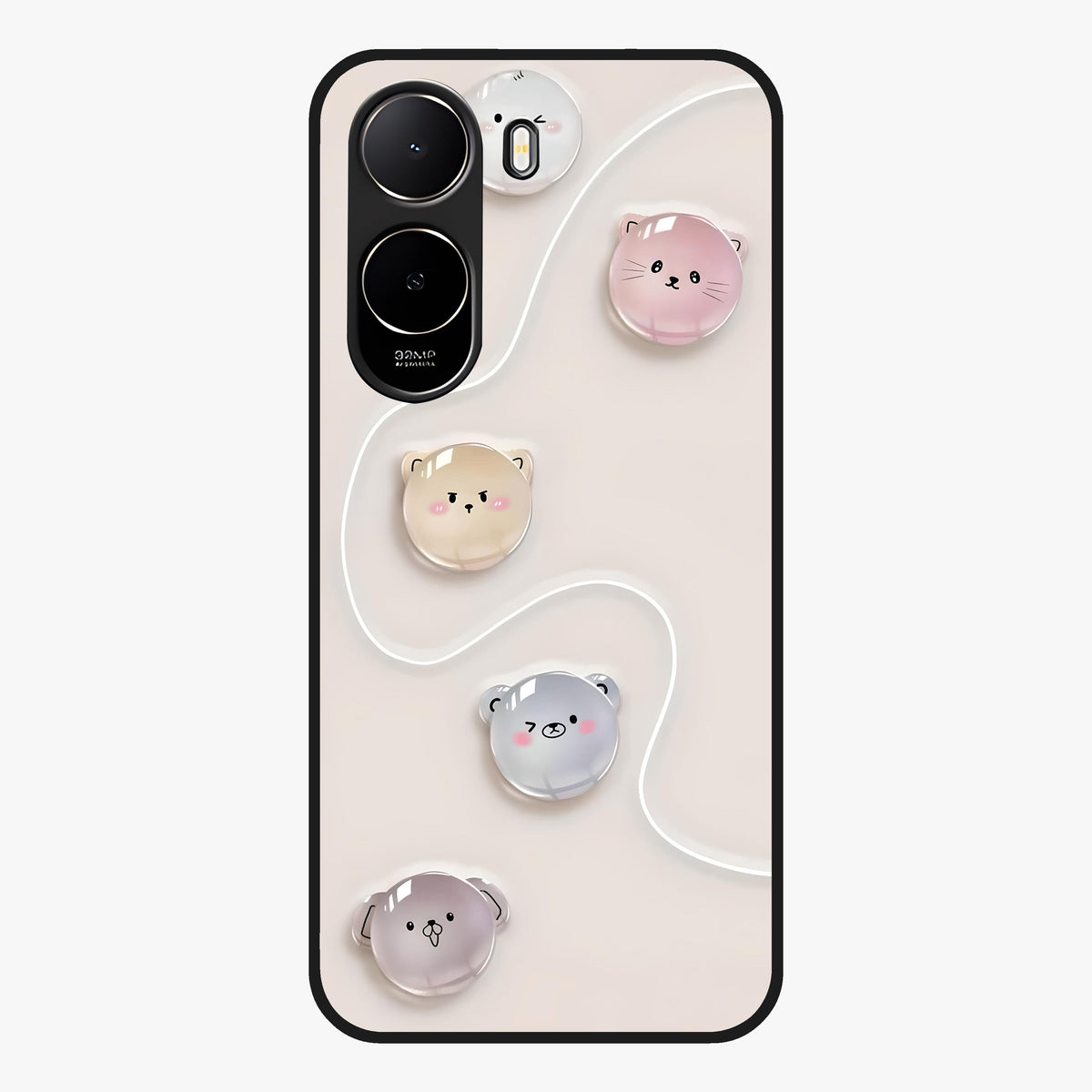 Puffy Face Parade Glass Case showing flat back view with cute puffy character faces artwork and glossy glass finish.