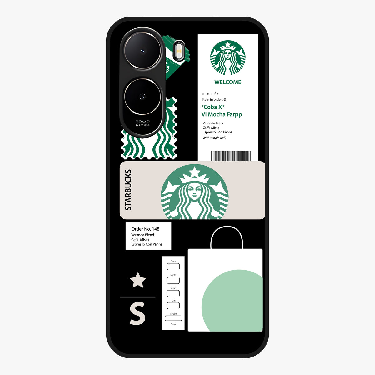 Starbucks Mocha Glass Case showing flat back view with coffee inspired artwork and glossy glass finish.