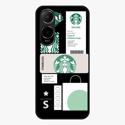 Starbucks Mocha Glass Case showing flat back view with coffee inspired artwork and glossy glass finish.