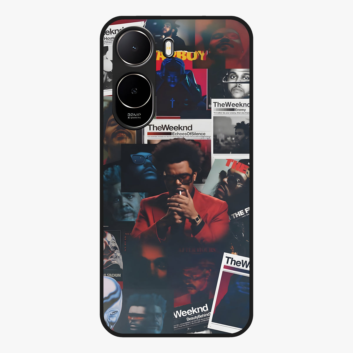 The Weeknd Glass Case showing flat back view with music inspired artistic portrait artwork and glossy glass finish.