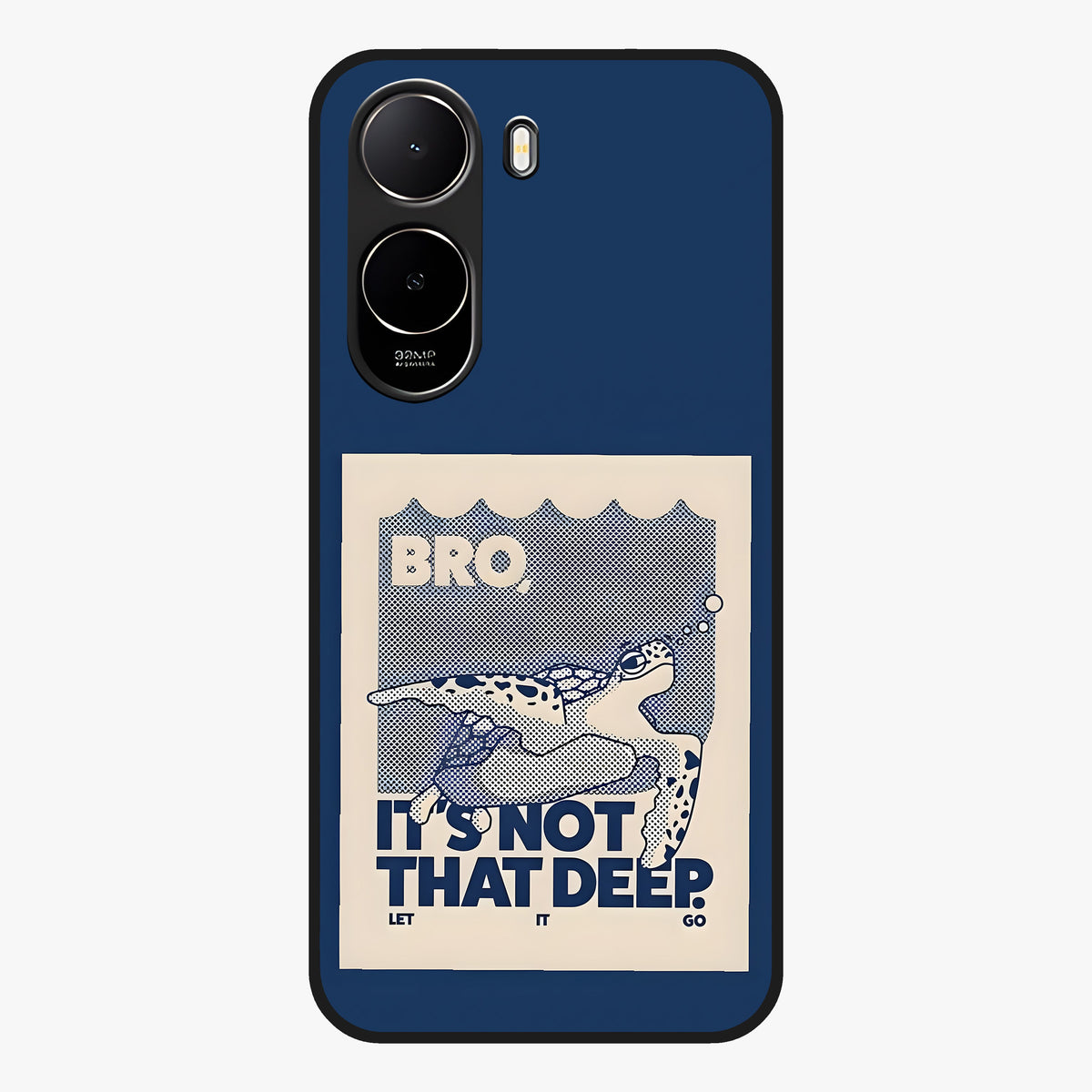 Worry Less Swim Glass Case showing flat back view with playful motivational artwork and glossy glass finish.