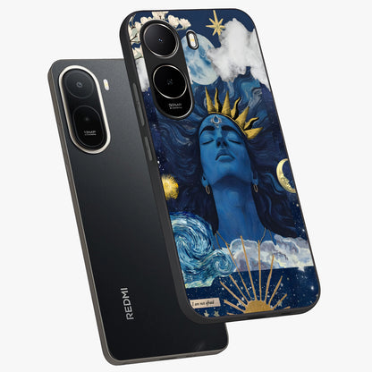 Aesthetic Lord Shiva Glass Case displayed in angled mockup highlighting spiritual Shiva illustration and sacred aesthetic design.