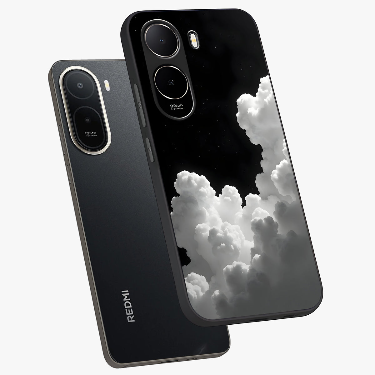 Black Background With White Cloud Glass Case displayed in angled mockup highlighting soft white cloud illustration and minimal design.