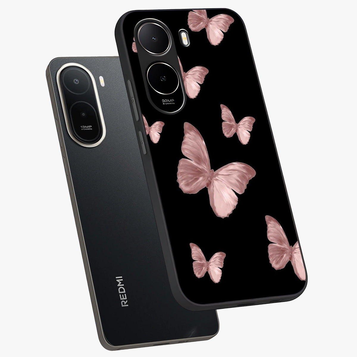 Butterfly Pattern Glass Case displayed in angled mockup highlighting delicate butterfly design and aesthetic pattern style.