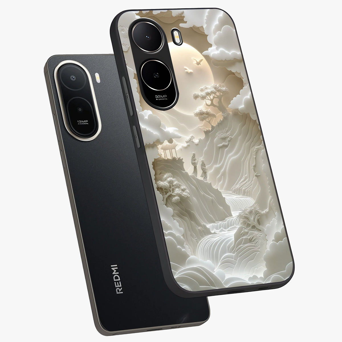 Celestial Origami Glass Case displayed in angled mockup highlighting geometric origami design with cosmic aesthetic theme.