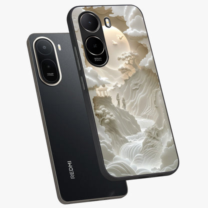 Celestial Origami Glass Case displayed in angled mockup highlighting geometric origami design with cosmic aesthetic theme.