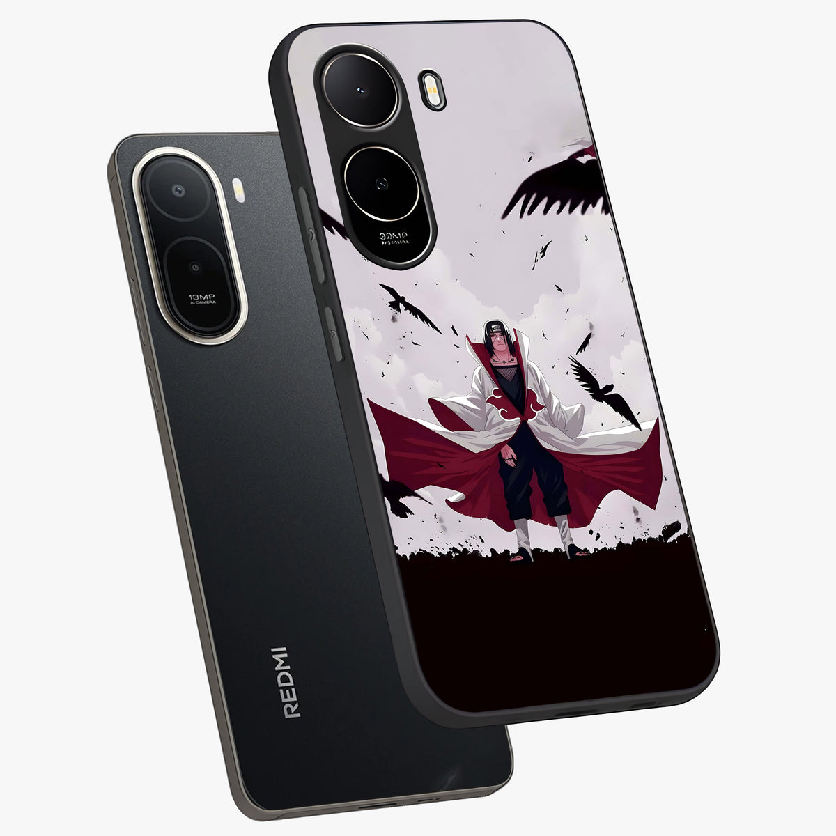 Crimson Crow Ascension Glass Case displayed in angled mockup highlighting powerful crow illustration with dark crimson aesthetic.