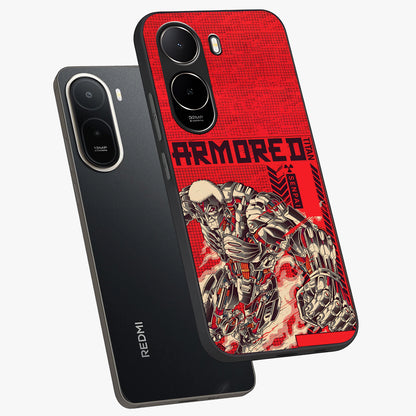 Crimson Mecha Titan Glass Case displayed in angled mockup highlighting futuristic mech illustration with bold crimson aesthetic.