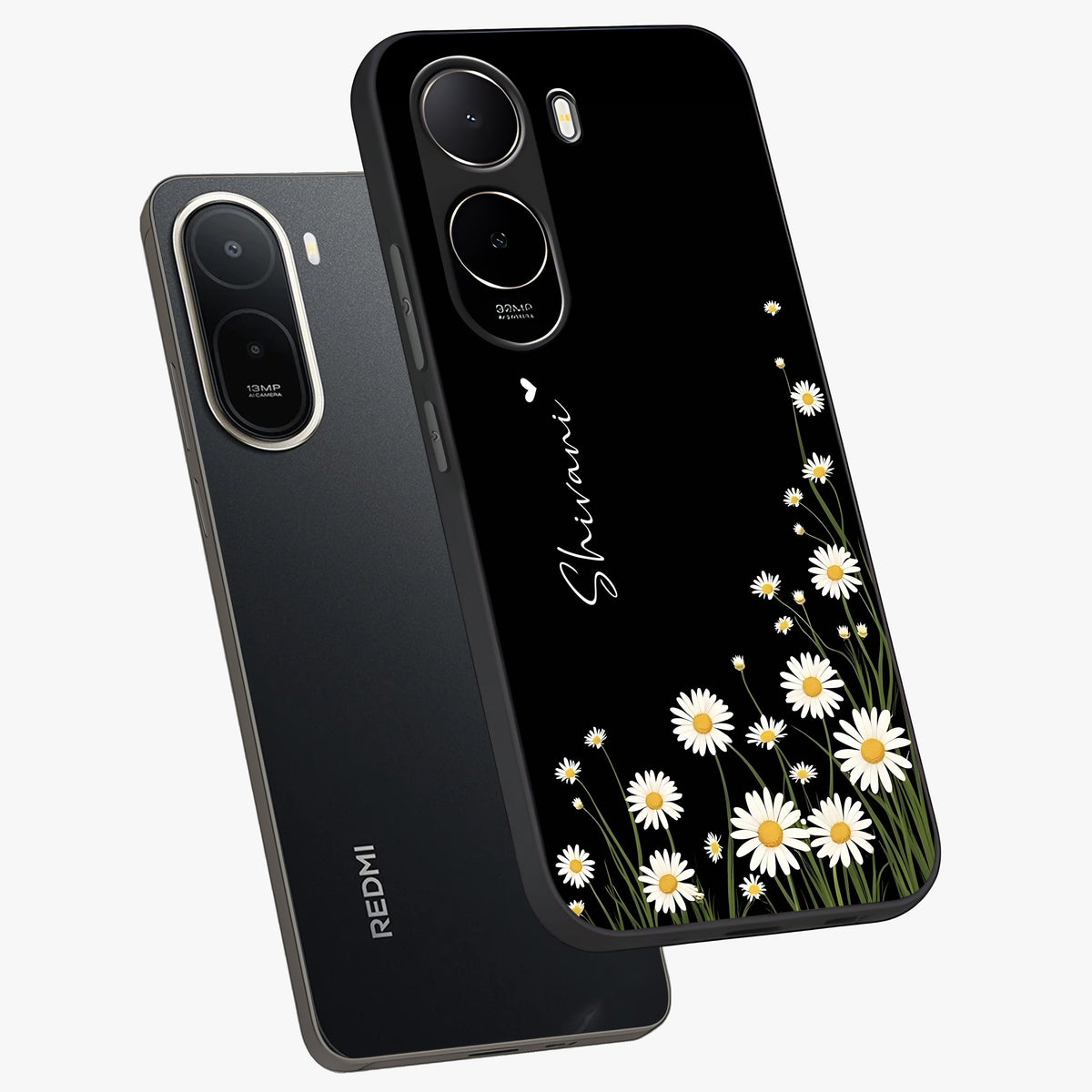 Daisy Cascade Custom Name Glass Case displayed in angled mockup highlighting delicate daisy artwork with custom name feature.