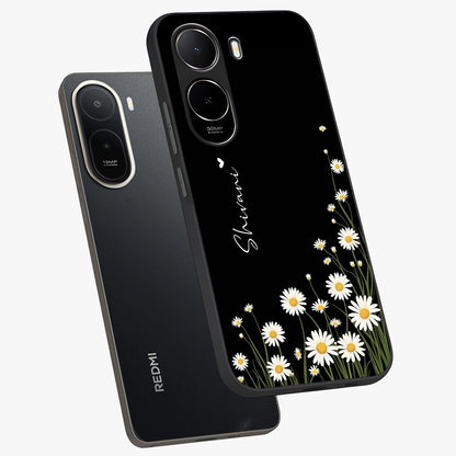 Daisy Cascade Custom Name Glass Case displayed in angled mockup highlighting delicate daisy artwork with custom name feature.