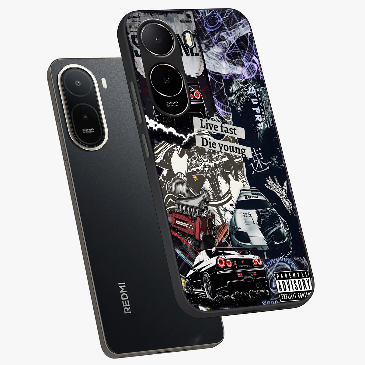 Die Young Glass Case displayed in angled mockup highlighting expressive graphic artwork with edgy aesthetic style.