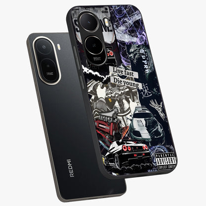 Die Young Glass Case displayed in angled mockup highlighting expressive graphic artwork with edgy aesthetic style.