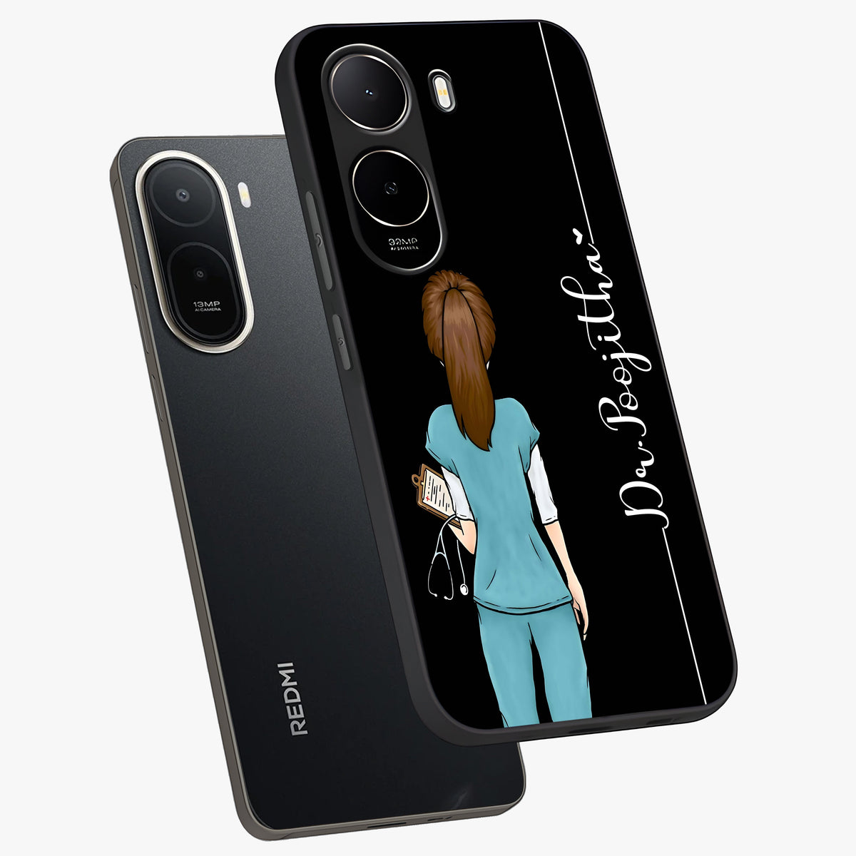 Doctor Pattern Custom Name Glass Case displayed in angled mockup highlighting doctor inspired artwork with custom name feature.