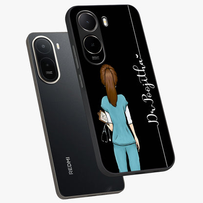 Doctor Pattern Custom Name Glass Case displayed in angled mockup highlighting doctor inspired artwork with custom name feature.