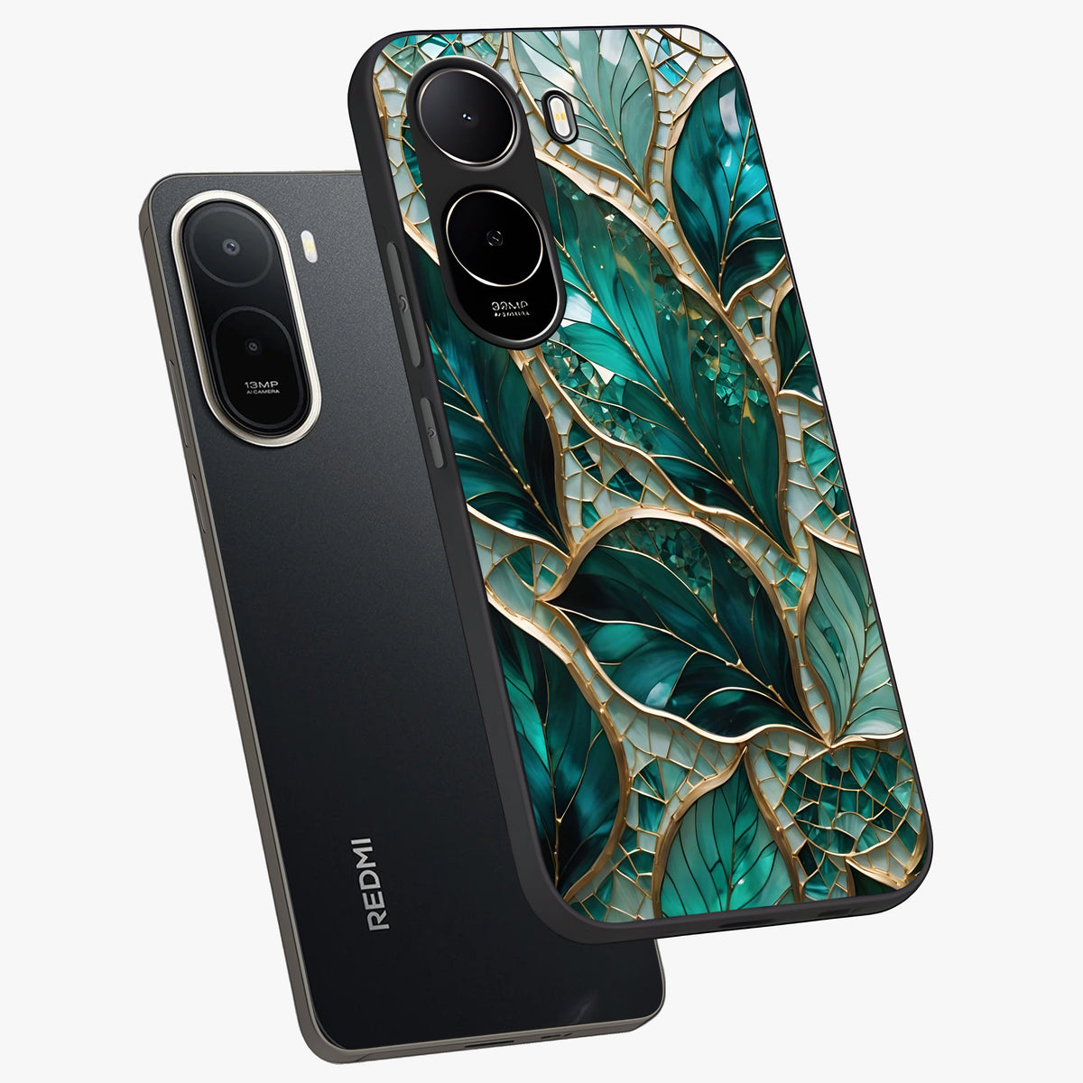 Emerald Leaf Glass Glass Case displayed in angled mockup highlighting botanical leaf illustration with elegant natural aesthetic.