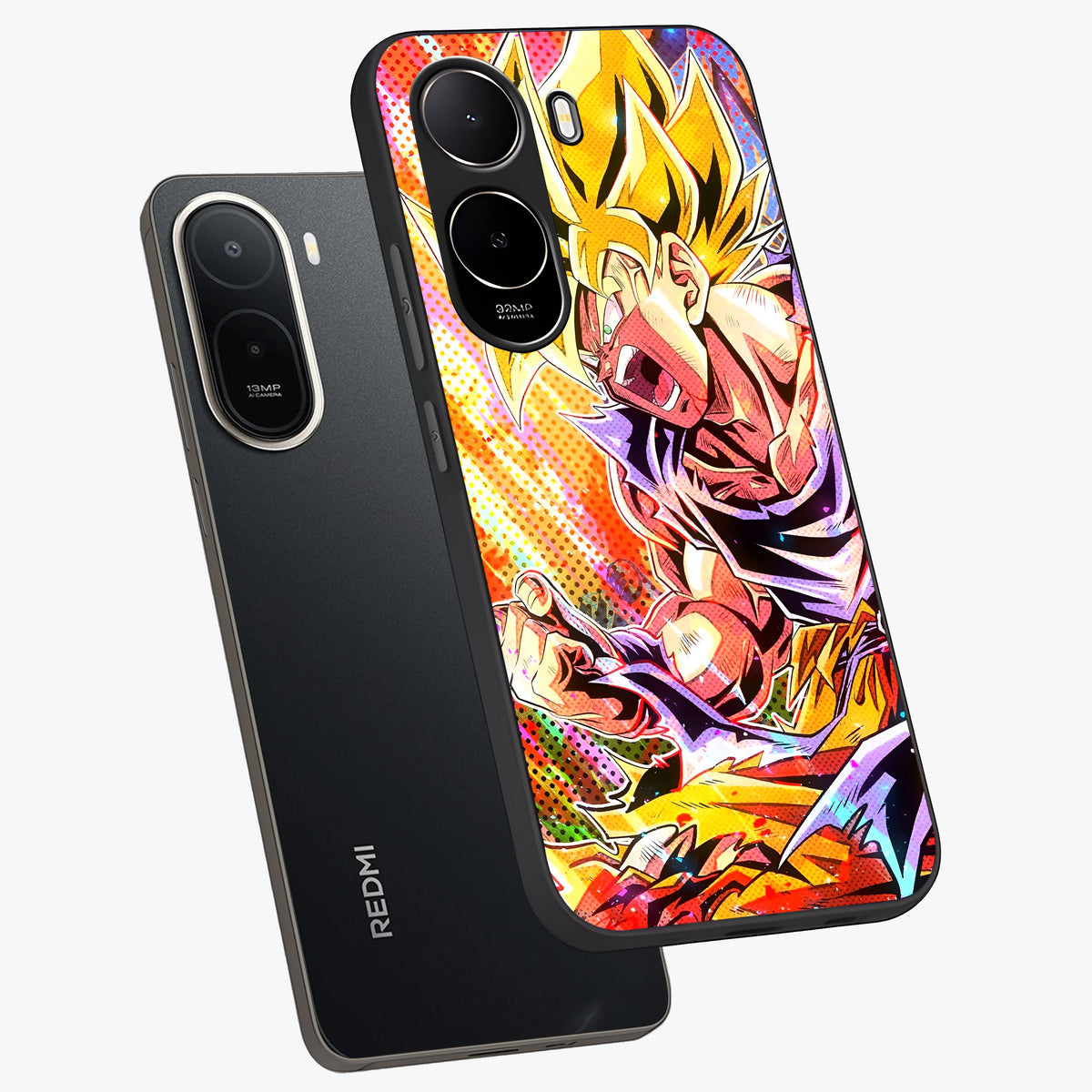 Firing Goku Glass Case displayed in angled mockup highlighting dynamic anime character design with action aesthetic.