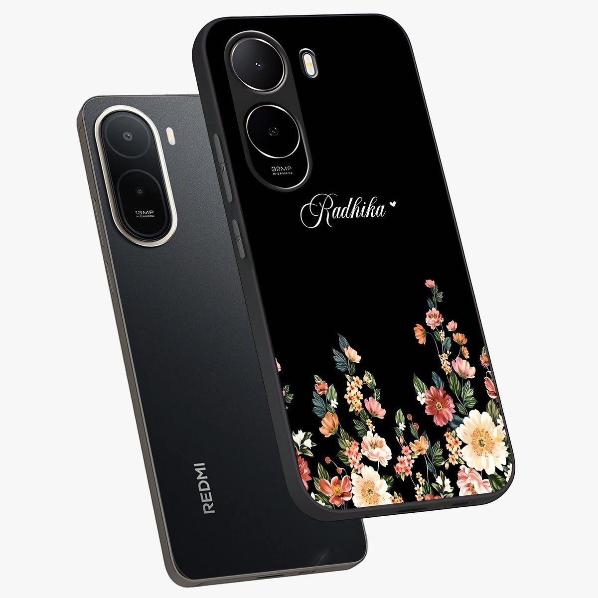 Floral Design With a Custom Personalized Name Glass Case displayed in angled mockup highlighting elegant floral pattern with custom name feature.