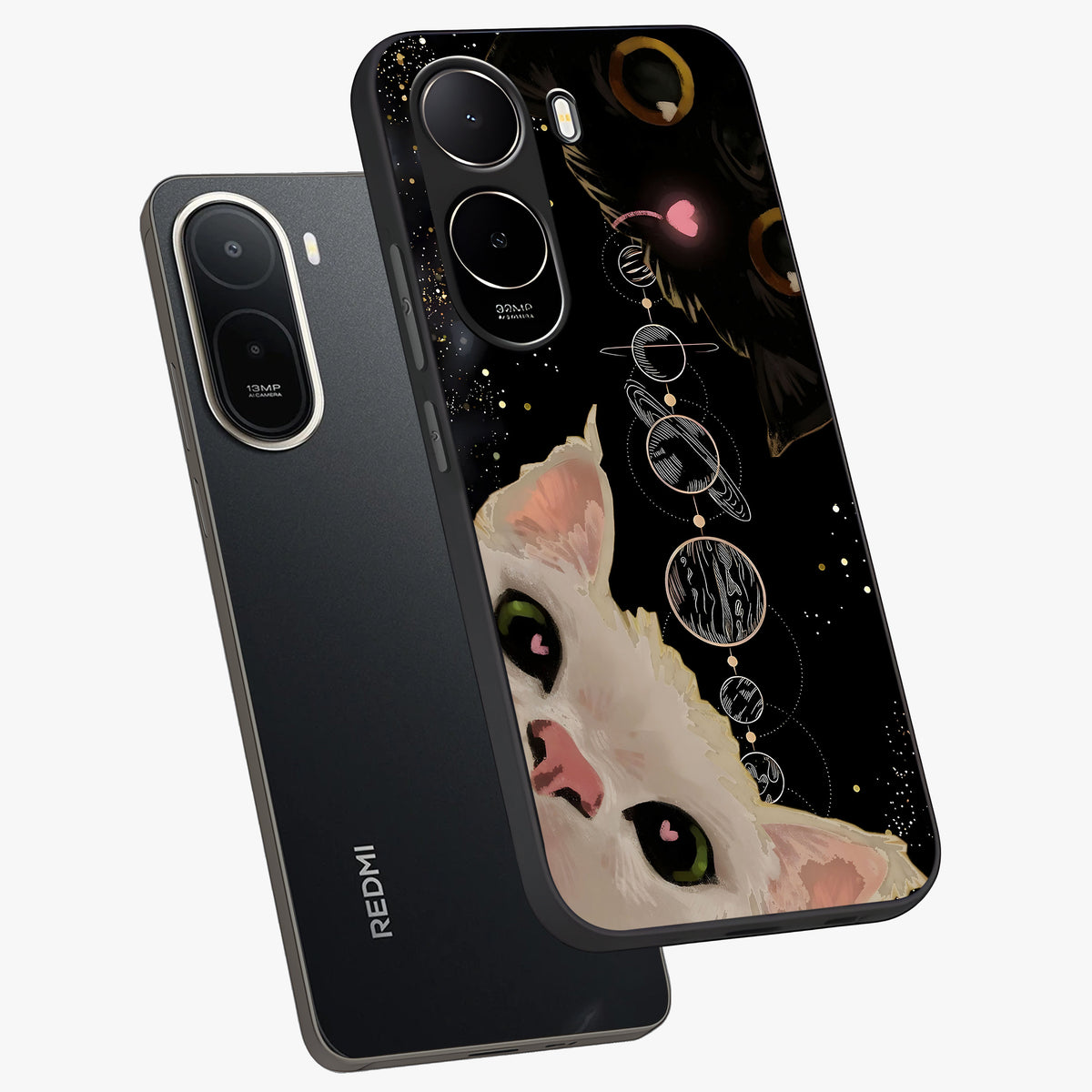 Galactic Cat Glass Case displayed in angled mockup highlighting celestial feline illustration with galaxy aesthetic style.