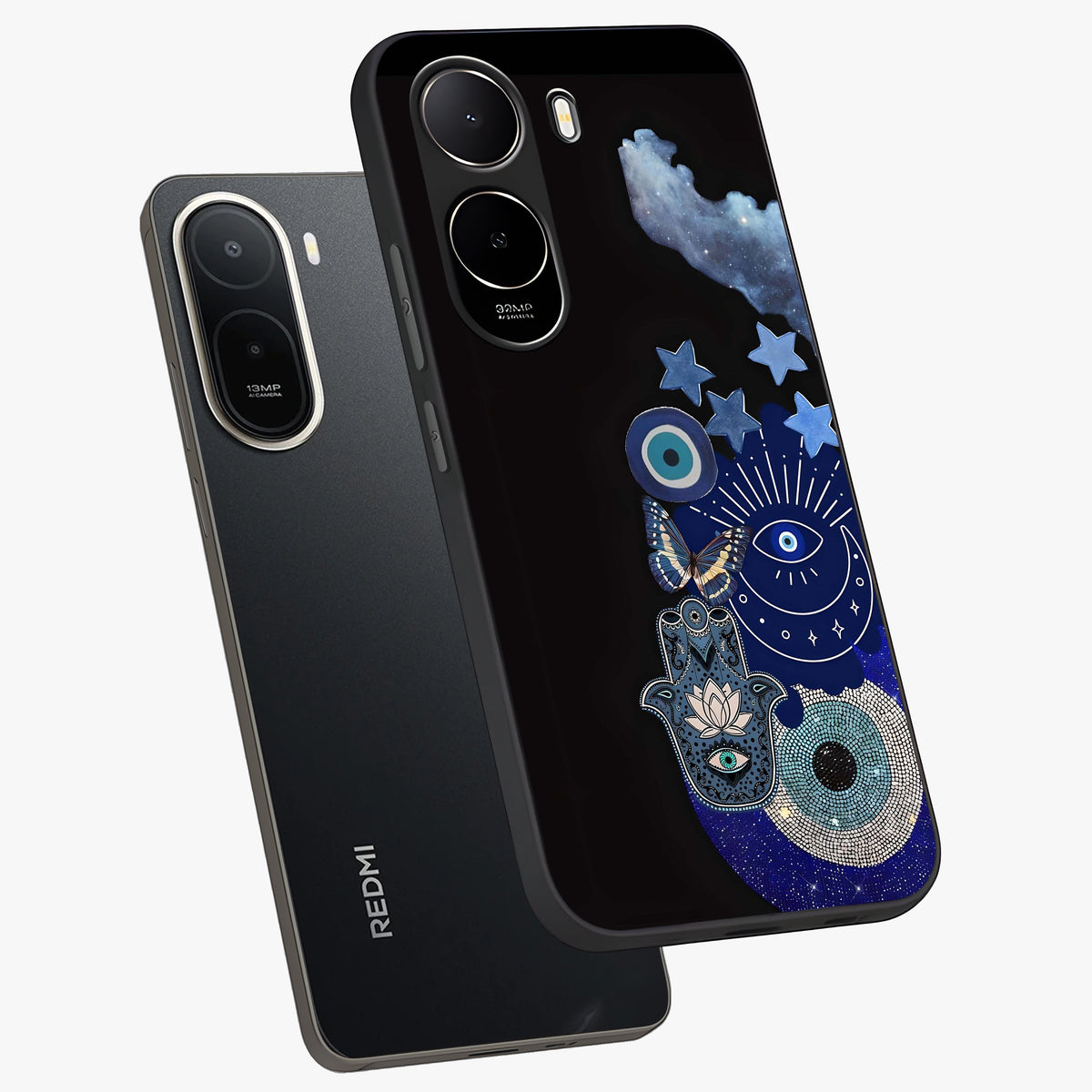 Galactic Charm Cluster Glass Case displayed in angled mockup highlighting luminous galaxy inspired design with dreamy aesthetic.
