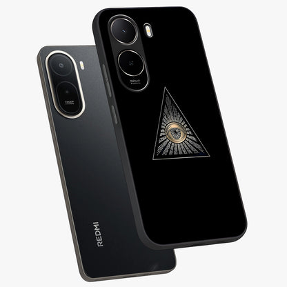 Illuminati Evil Glass Case displayed in angled mockup highlighting dark occult inspired design with bold aesthetic style.