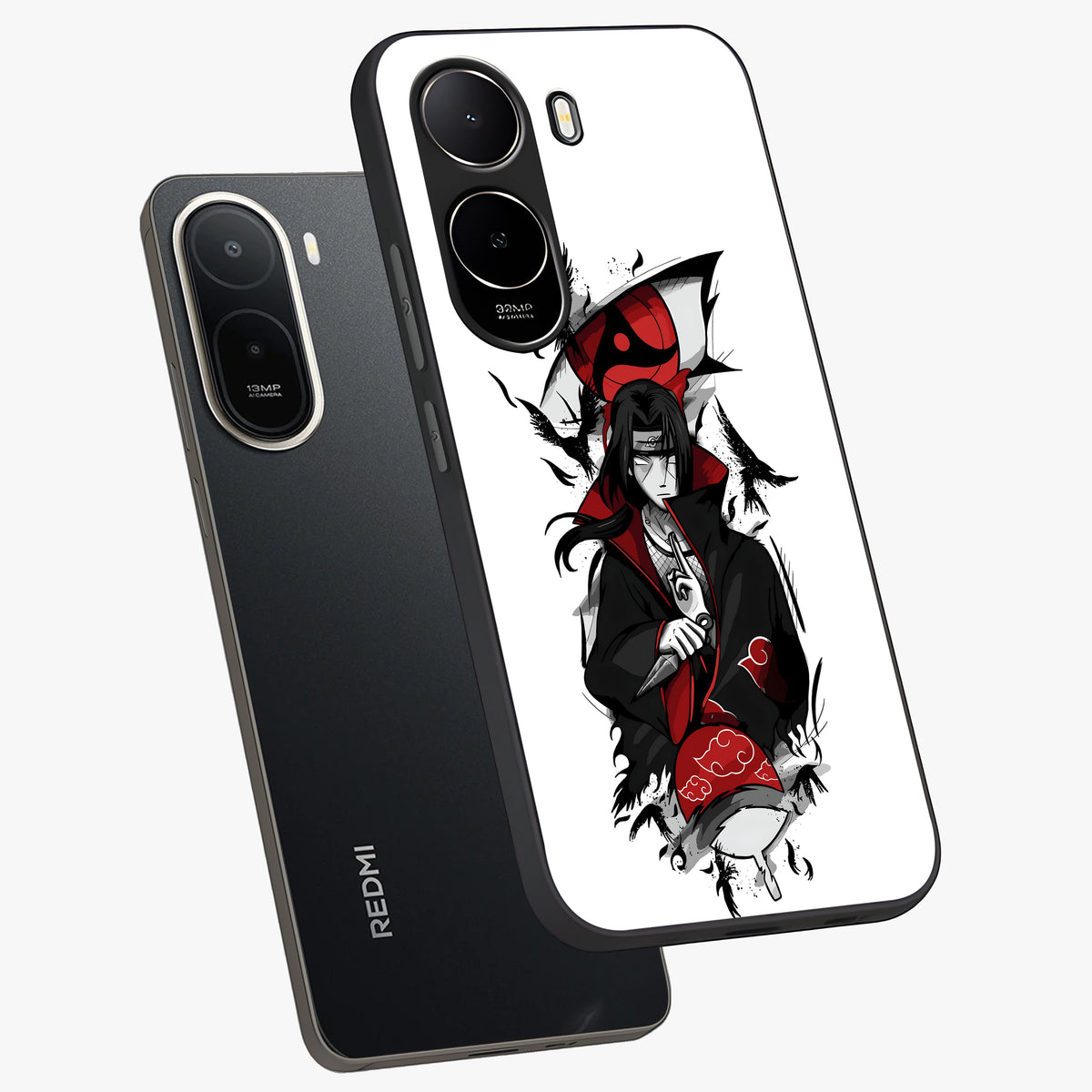 Itachi Limited Edition Naruto Anime Glass Case displayed in angled mockup highlighting dramatic anime illustration with bold action aesthetic.