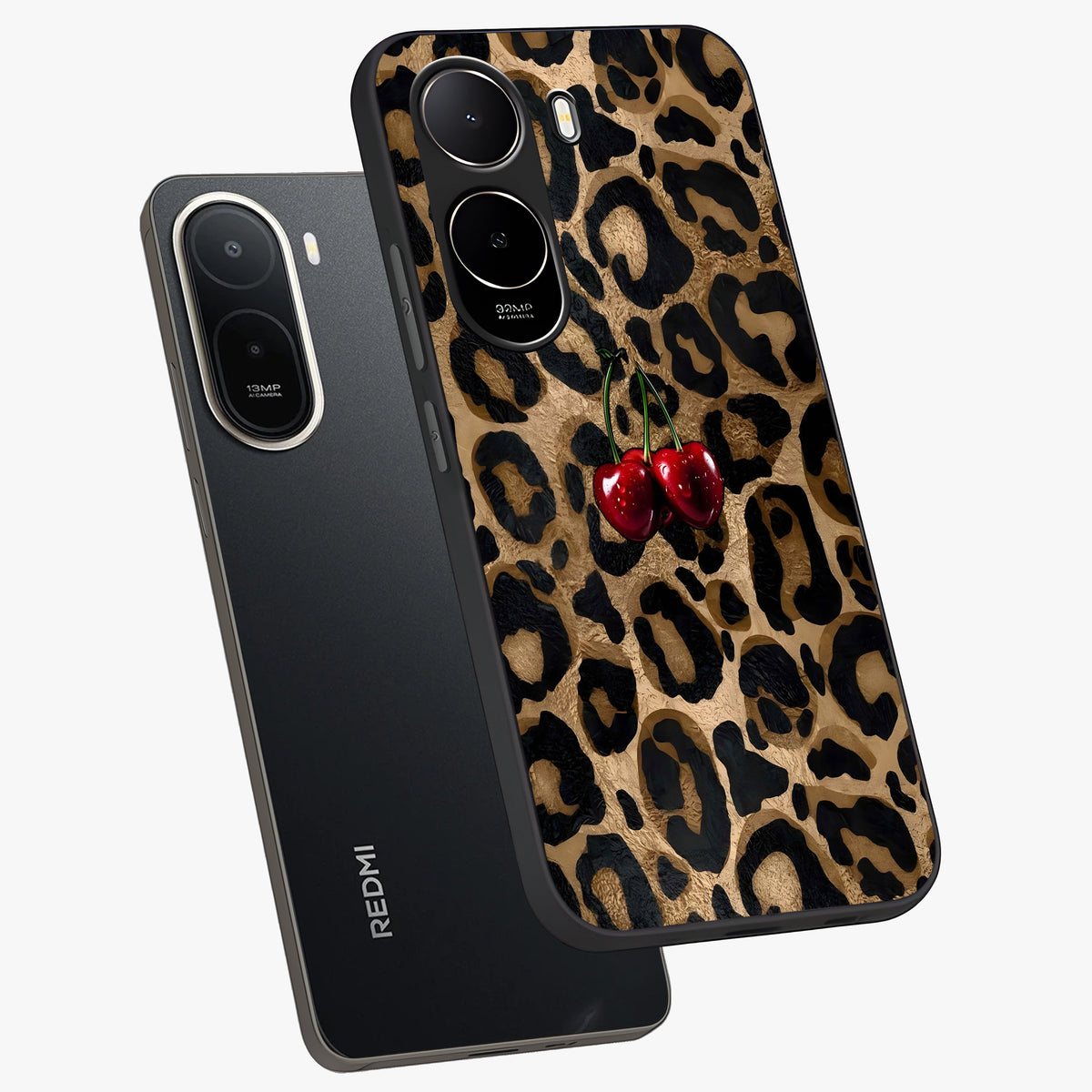 Leopard Wild Cherry Glass Case displayed in angled mockup highlighting bold animal print design with playful cherry aesthetic.