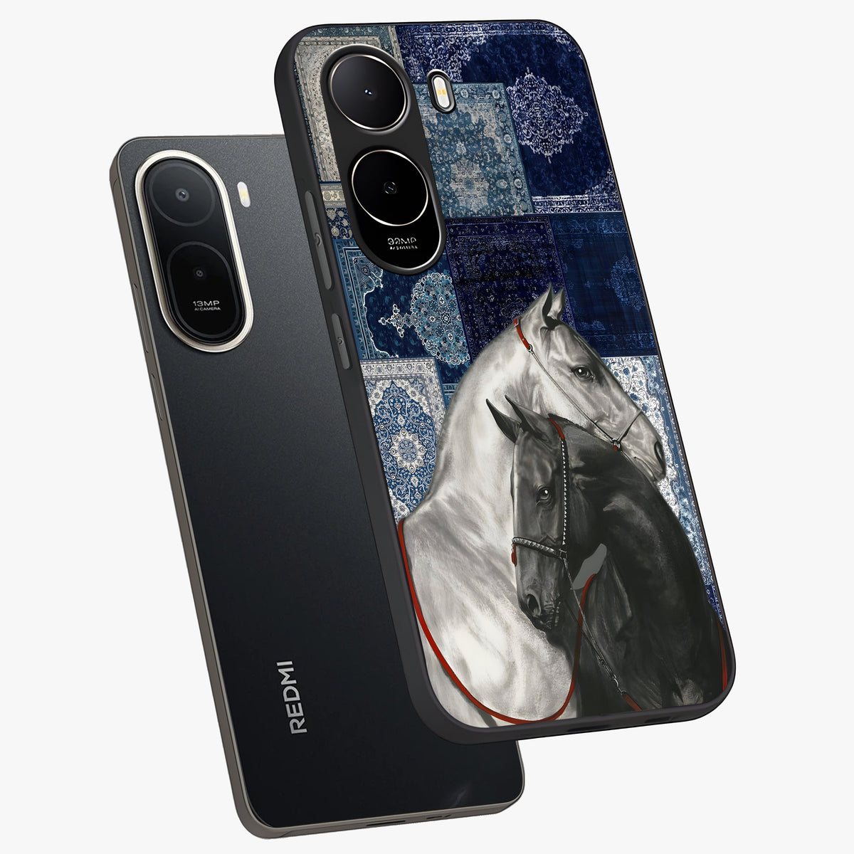 Midnight Stallion Blues Glass Case displayed in angled mockup highlighting powerful stallion illustration with deep midnight tones.