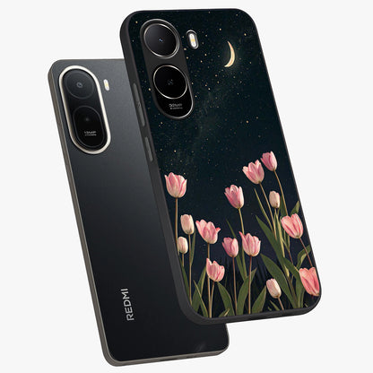 Midnight Tulip Whispers Vibe Glass Case displayed in angled mockup highlighting delicate tulip design with midnight floral aesthetic.