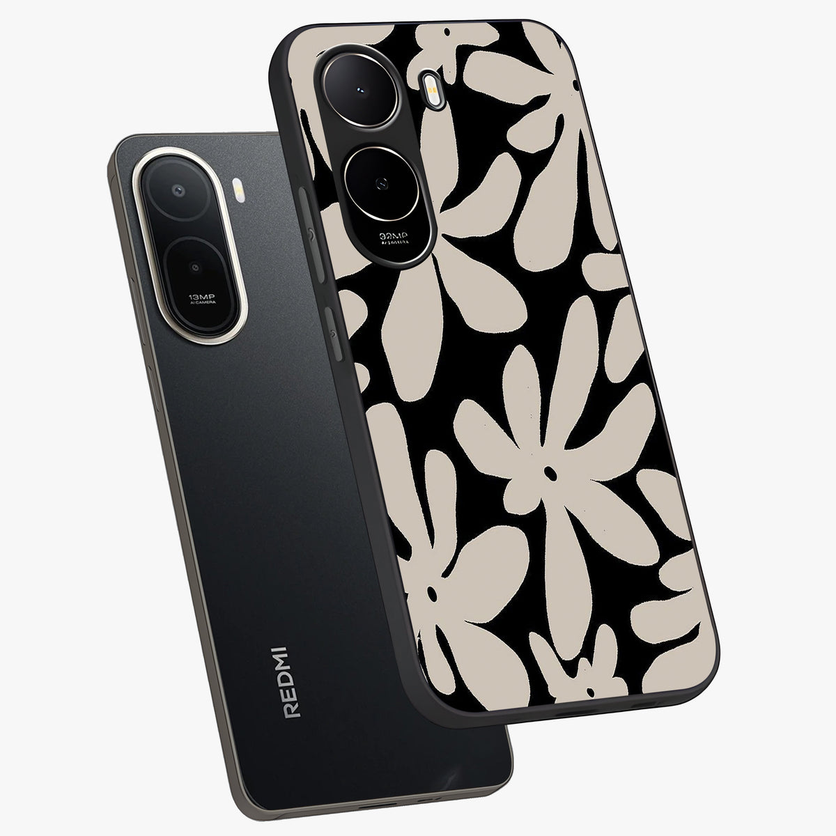 Monochrome Petal Dance Glass Case displayed in angled mockup highlighting elegant petal design with black and white aesthetic.