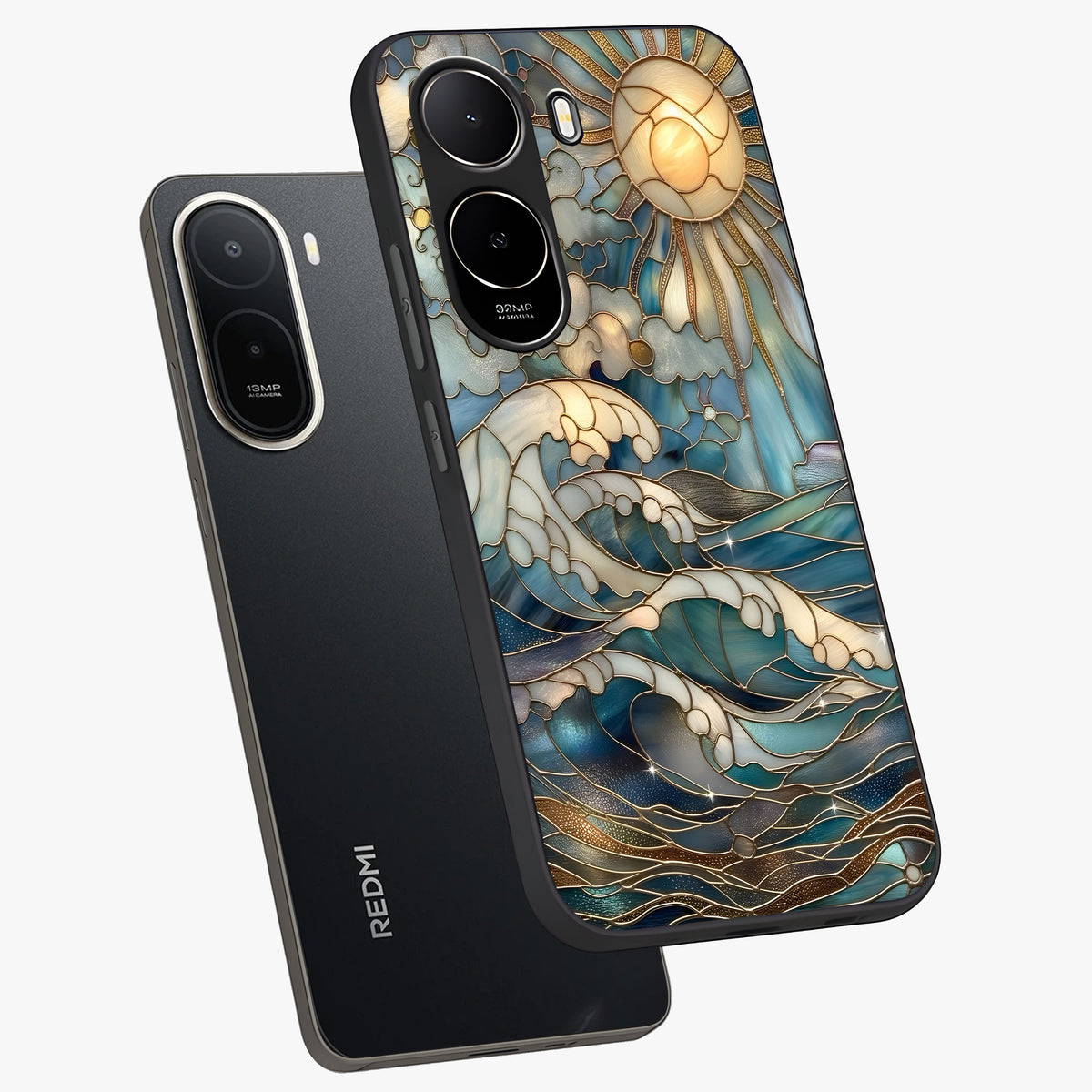Oceanic Stained Printed Glass Case displayed in angled mockup highlighting colorful aquatic design with artistic aesthetic style.