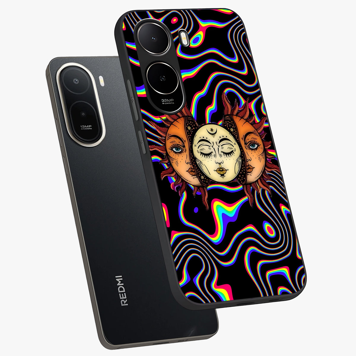 Psychedelic Sun Glass Case displayed in angled mockup highlighting vibrant abstract sun design with artistic aesthetic style.