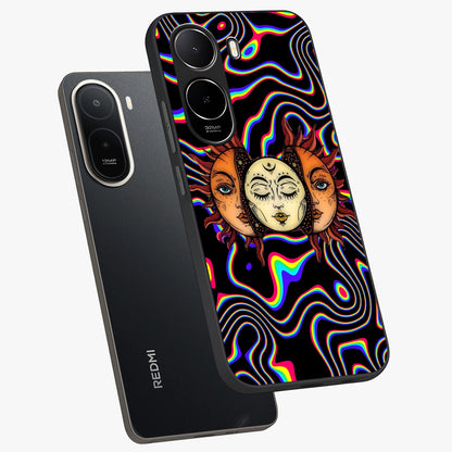 Psychedelic Sun Glass Case displayed in angled mockup highlighting vibrant abstract sun design with artistic aesthetic style.
