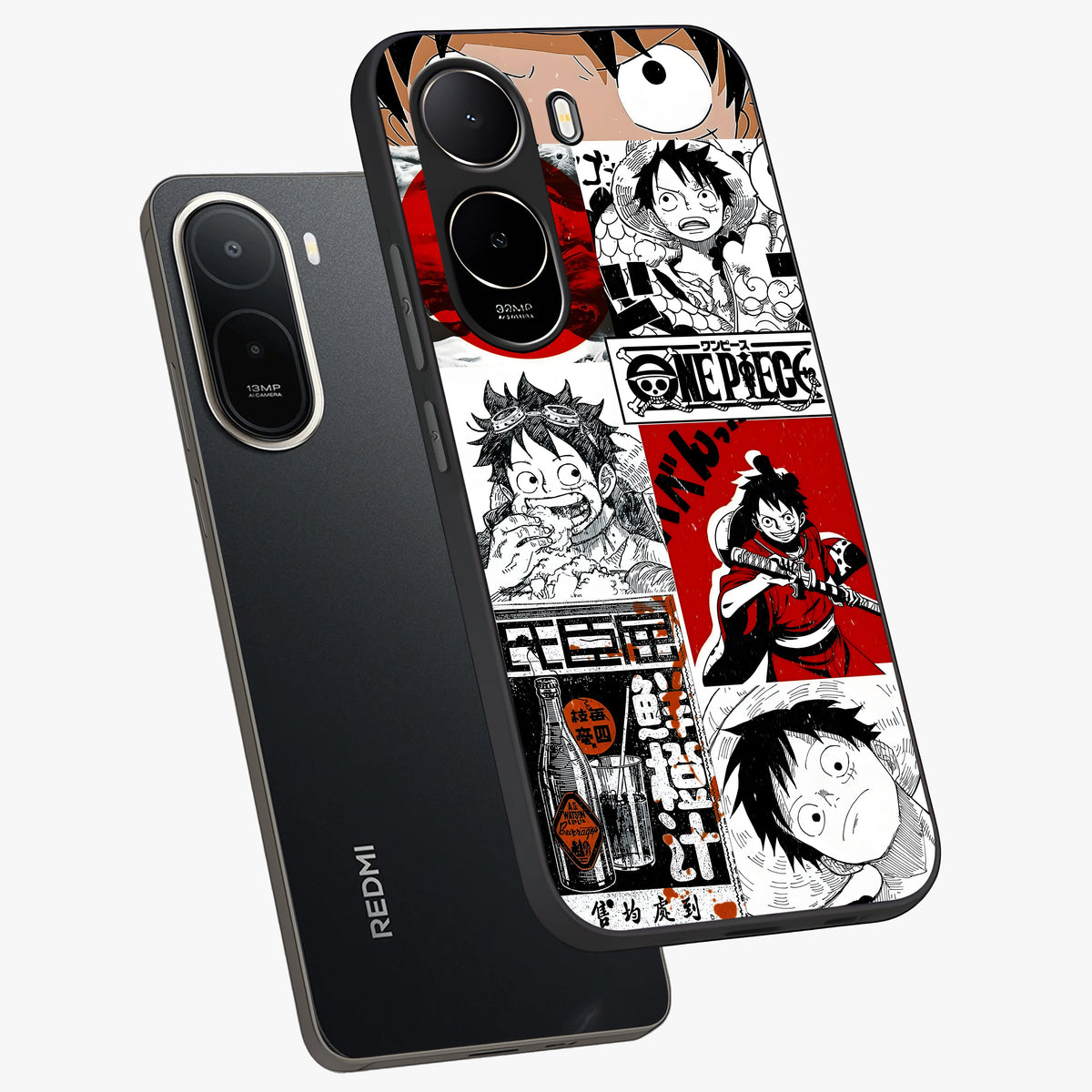 Strawhat Chaos Panels Glass Case displayed in angled mockup highlighting vibrant anime collage design with action aesthetic.