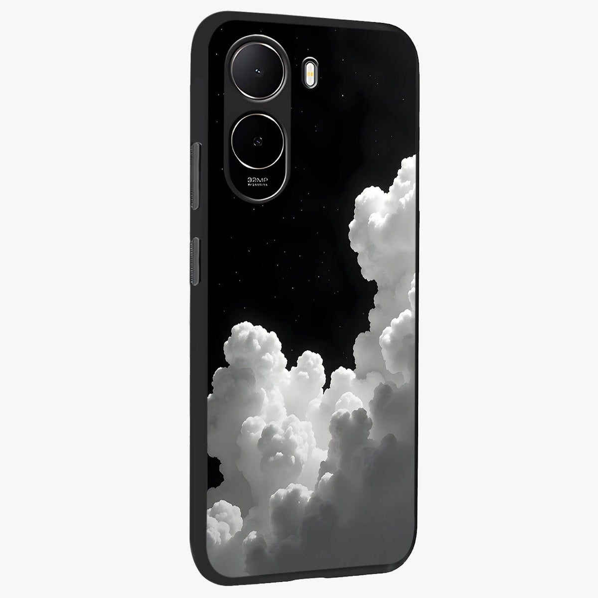 Black Background With White Cloud Glass Case upright view showcasing calm cloud aesthetic with modern minimal style.