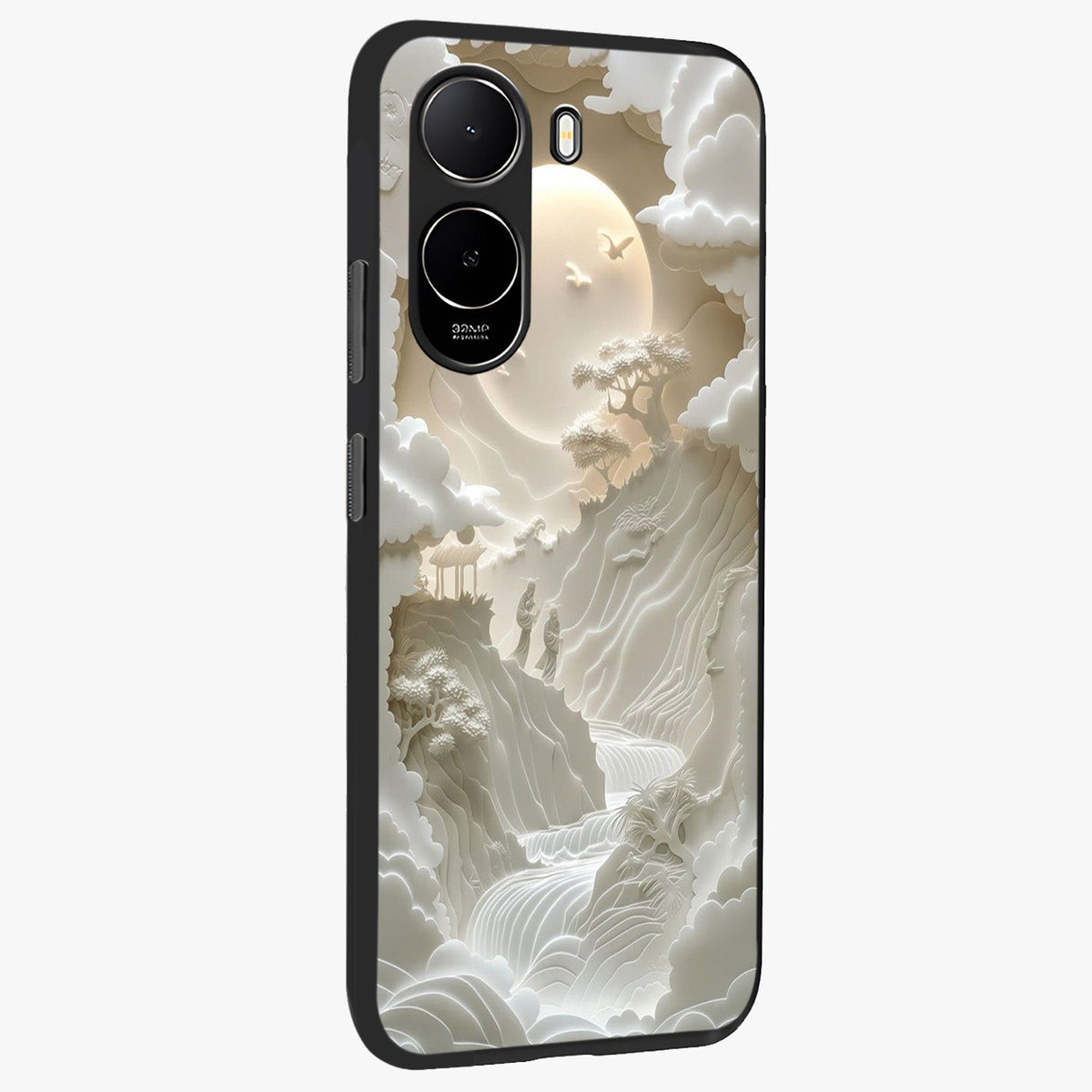 Celestial Origami Glass Case upright view showcasing creative origami artwork with modern celestial style.