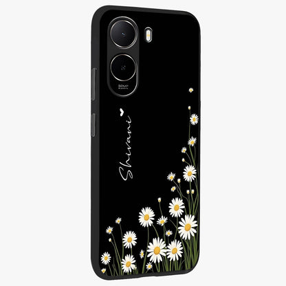 Daisy Cascade Custom Name Glass Case upright view showcasing elegant floral cascade design with personalized aesthetic.
