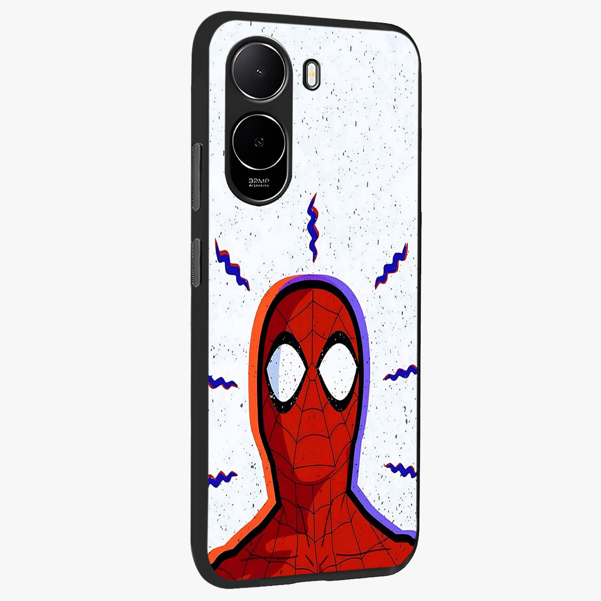 Omg Spiderman Glass Case upright view showcasing energetic superhero artwork with vibrant comic theme.