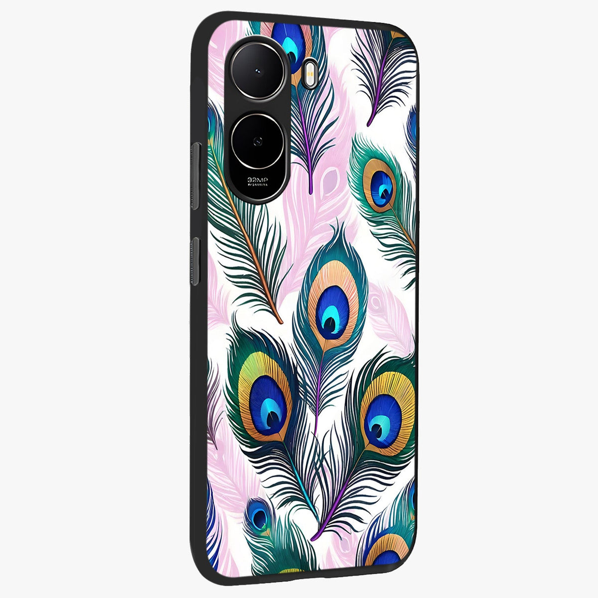 Royal Peacock Feathers Glass Case upright view showcasing elegant peacock feather artwork with decorative royal theme.