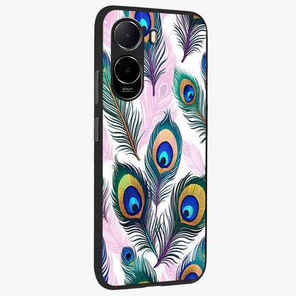 Royal Peacock Feathers Glass Case upright view showcasing elegant peacock feather artwork with decorative royal theme.