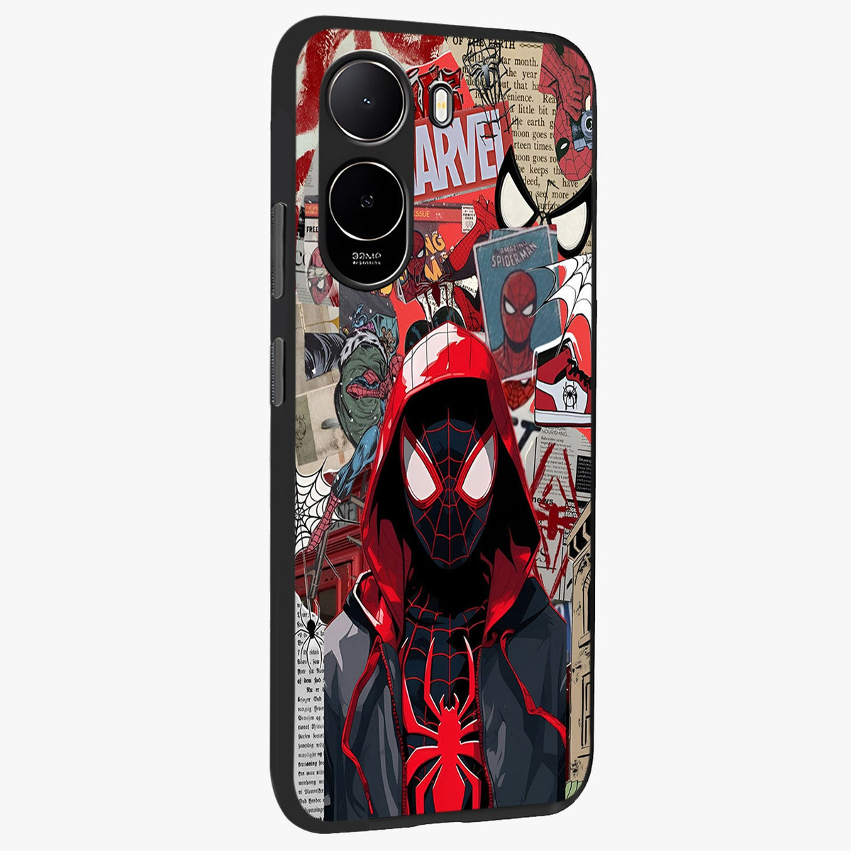 Spider Collage Street Glass Case upright view showcasing bold superhero artwork with urban street theme.