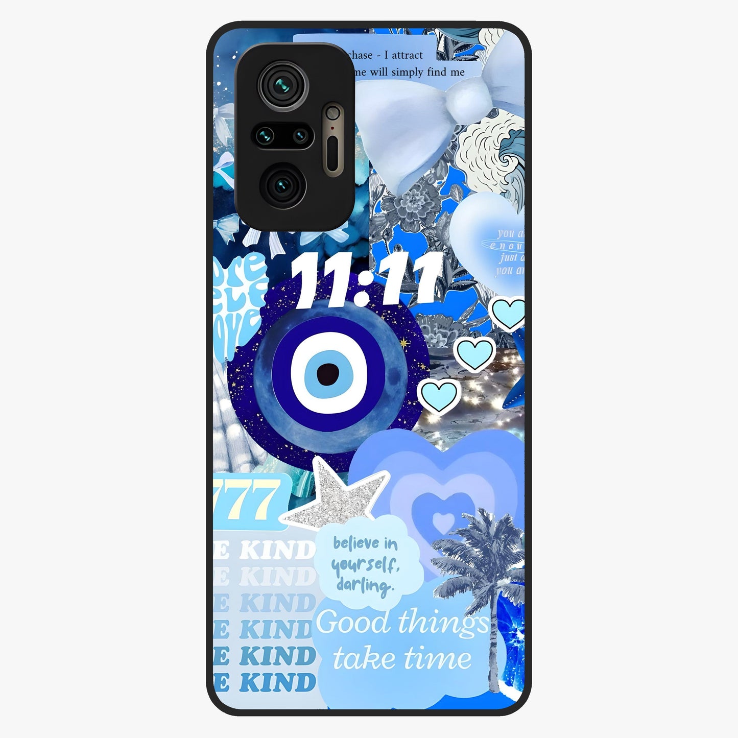 Aesthetic Be Kind Eye Glass Case showing flat back view with motivational eye artwork and glossy glass finish.