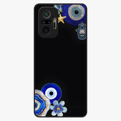 Aesthetic Blue Evil Eye Glass Case showing flat back view with protective evil eye artwork and glossy glass finish.